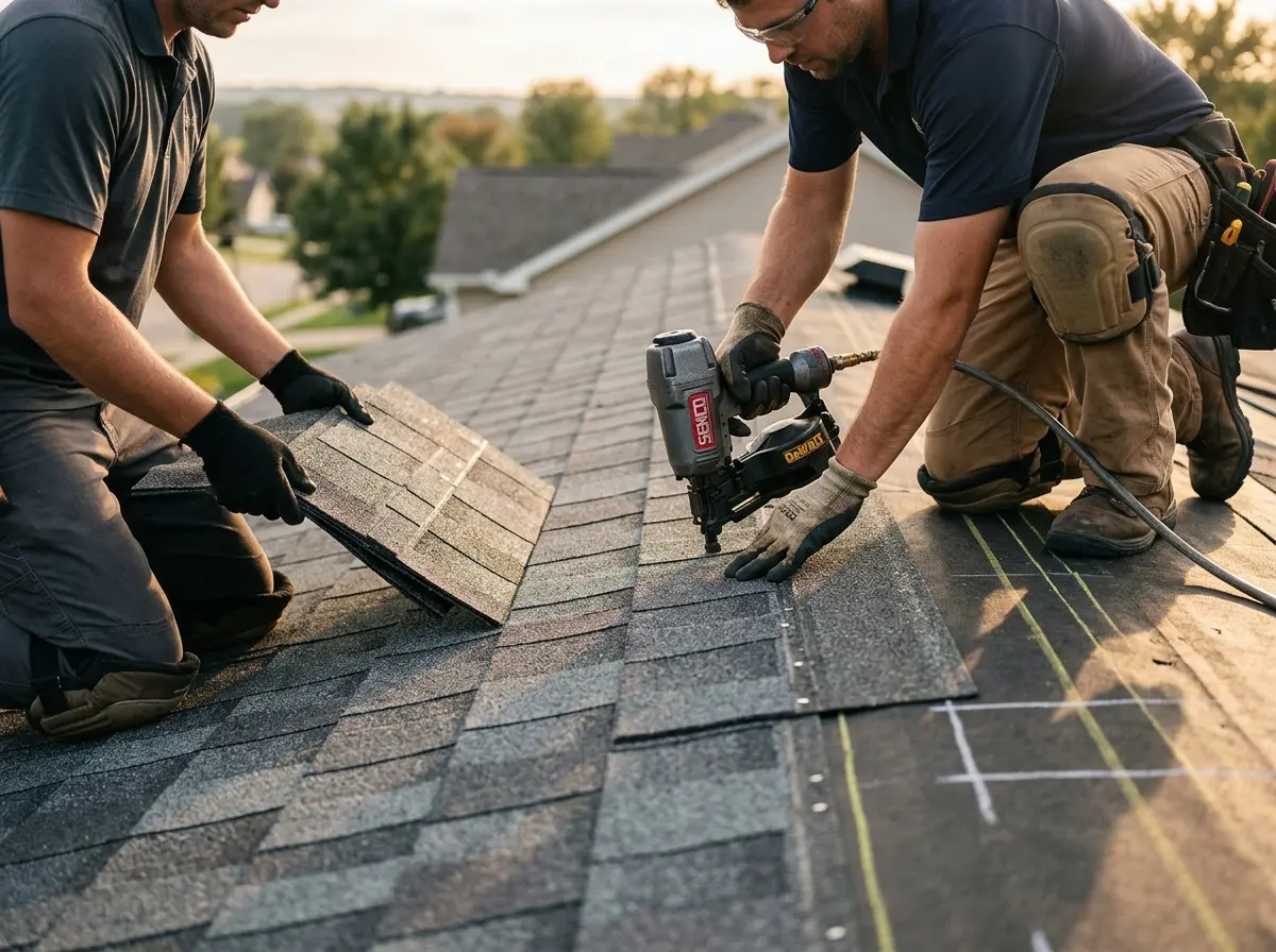 Professional roofer working on a residential roof in Brooklyn Park